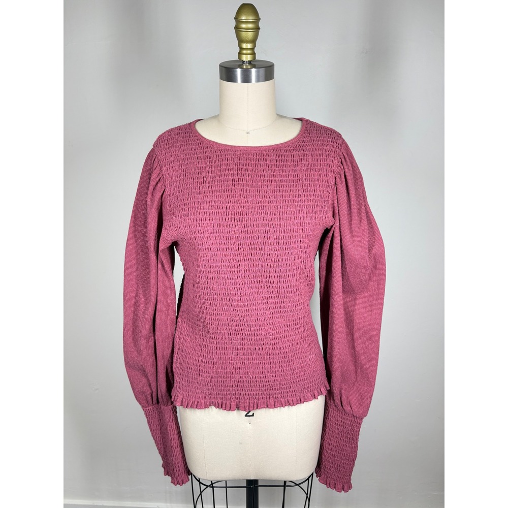 Anthropologie Womens Smocked Puff Sleeve Top M Pink Mauve Textured Boho Romantic